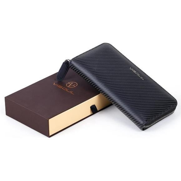 Leather Long Zippered Pouch Wallet with RFID Blocking (Black+Burgundy)for Men